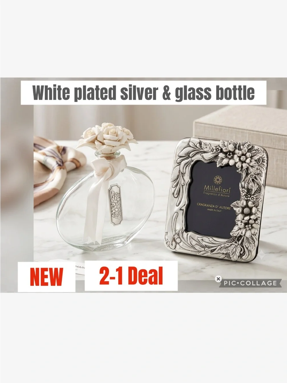 2-1 Plated Silver Floral Picture Frame & Glass Bottle - Cream Flowery Ribbon